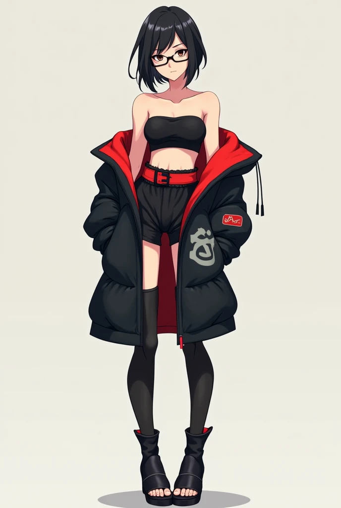 The image you provided appears to be a character from an anime. Here's a detailed prompt based on the image:

---

"A full-body character design of a young female ninja wearing a modernized, stylish outfit. She has short black hair styled asymmetrically, and wears rectangular glasses. Her outfit consists of a black strapless top with a red belt, and an oversized black jacket with red lining and a gray ninja symbol patch on the left arm. She also wears black shinobi sandals with tall leg warmers 