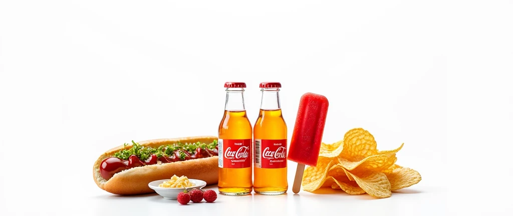 A close-up, photorealistic shot of a food stand counter showcasing small plastic bottles of orange soda, a vibrant red popsicle, a hot dog with condiments, and a pile of nacho chips. The bottles have clear labels and are placed prominently, with the other items arranged around them in an inviting way.
