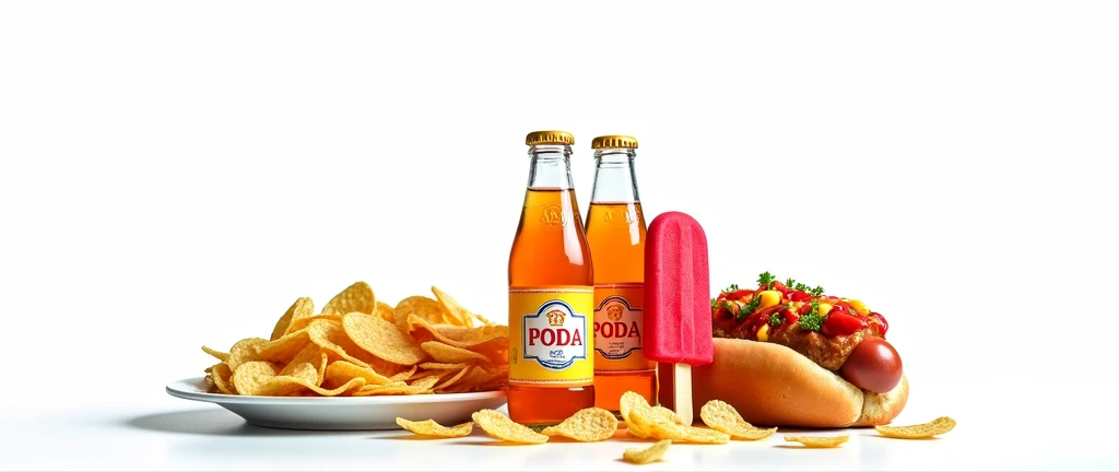 A close-up, photorealistic shot of a food stand counter showcasing small plastic bottles of orange soda, a vibrant red popsicle, a hot dog with condiments, and a pile of nacho chips. The bottles have clear labels and are placed prominently, with the other items arranged around them in an inviting way.