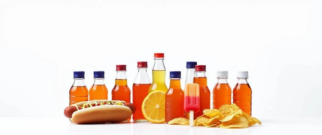 A wide-angle photo capturing a bustling food stand at an outdoor event, with a display of items including small plastic bottles of orange soda, a popsicle, a hot dog, and nacho chips. The bottles are prominently featured on the counter, surrounded by the other colorful snacks, with people in the background enjoying the event.