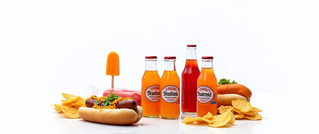A wide-angle photo capturing a bustling food stand at an outdoor event, with a display of items including small plastic bottles of orange soda, a popsicle, a hot dog, and nacho chips. The bottles are prominently featured on the counter, surrounded by the other colorful snacks, with people in the background enjoying the event.