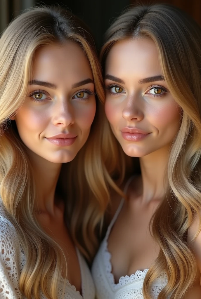 (photorealism:1.2), A 2 woman with classic English features and golden blonde hair. She has striking, expressive brown eyes with a hint of warmth. Her skin is fair and smooth, with a natural, soft glow. Her face is heart-shaped with high cheekbones, a delicate nose, and full, well-defined lips. Her hair is long and flows in soft waves down her shoulders, catching the light with a golden sheen. She has a gentle, approachable expression, with a hint of curiosity in her eyes, giving her a youthful and vibrant appearance