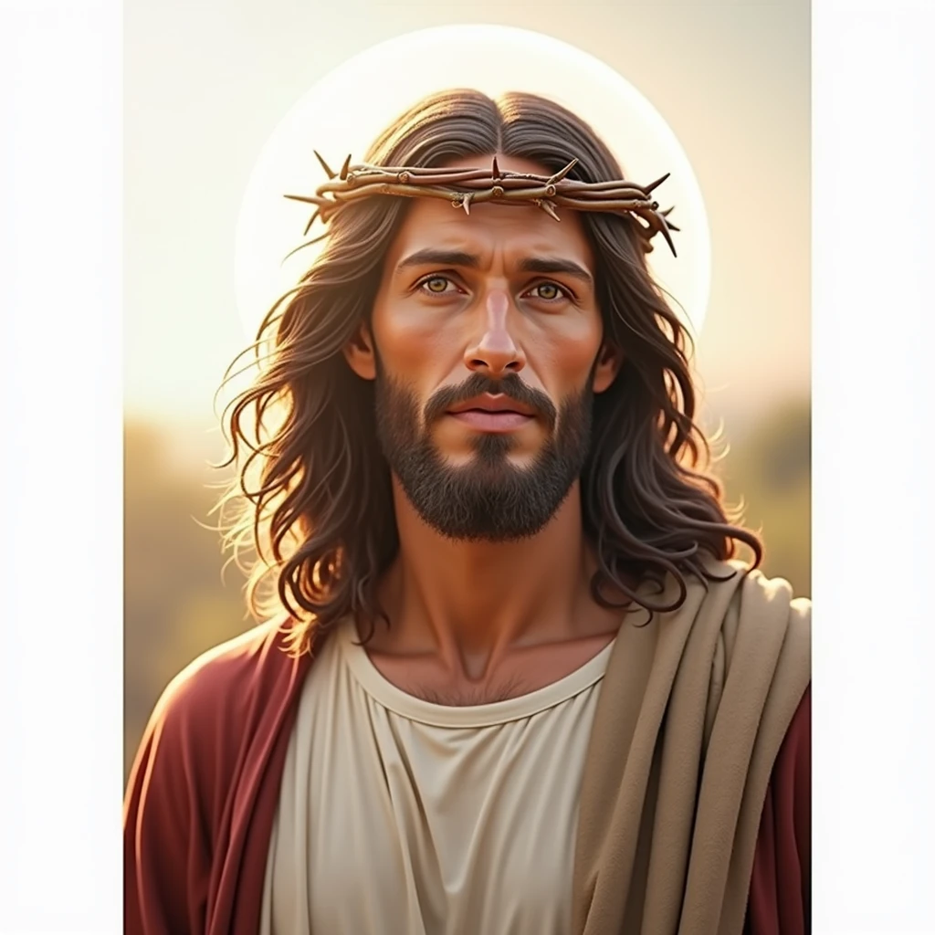 Ultra realistic Jesus in 4k with a crown of thorns on his head, JesusChrist, the lord and savior, portrait of JesusChrist, Jesus of Nazareth, brilliant light masterpiece, jesus, greg olsen, king of kings, beautiful image already created, Bright halo above your head, glorious light,!! Jesus facing the image, and an image that shows from head to chest