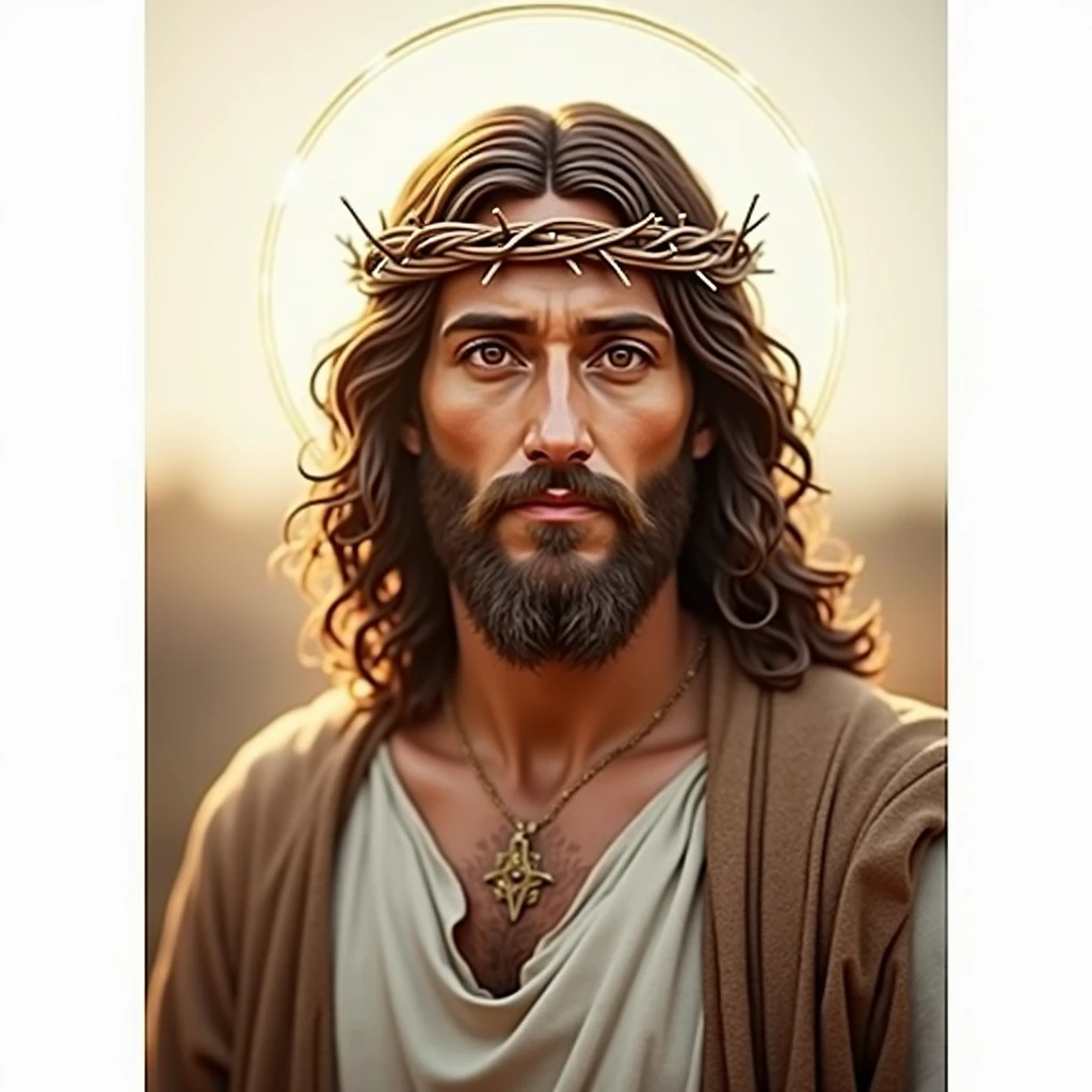 Ultra realistic Jesus in 4k with a crown of thorns on his head, JesusChrist, the lord and savior, portrait of JesusChrist, Jesus of Nazareth, brilliant light masterpiece, jesus, greg olsen, king of kings, beautiful image already created, Bright halo above your head, glorious light,!! Jesus facing the image, and an image that shows from head to chest