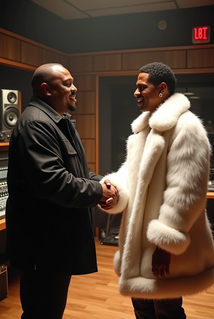 dr.dre apertando a mão de um trapper de pele branca dentro do estúdio de gravação, Write on top of the image, o nome LIL ATLANTA BOY