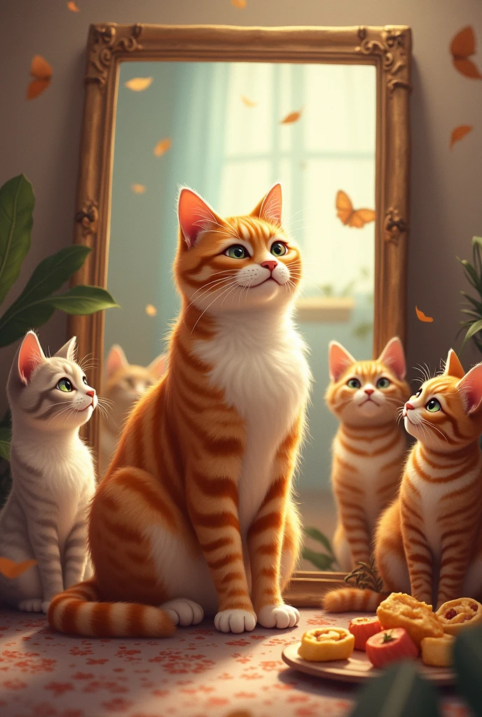 The main character, a cat, stands in front of a mirror.、With a proud smile。My cat friends are gathered around me、We play and enjoy meals together。Food and toys are depicted in the background.、There is a happy atmosphere in the air。