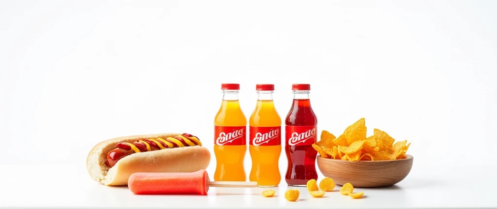 A photorealistic shot of a food stand’s counter, featuring small plastic bottles of orange soda, placed front and center, with a partially eaten popsicle, a hot dog with ketchup and mustard, and a serving of nacho chips beside them. The image captures the vibrant colors and textures of the food and drink items.