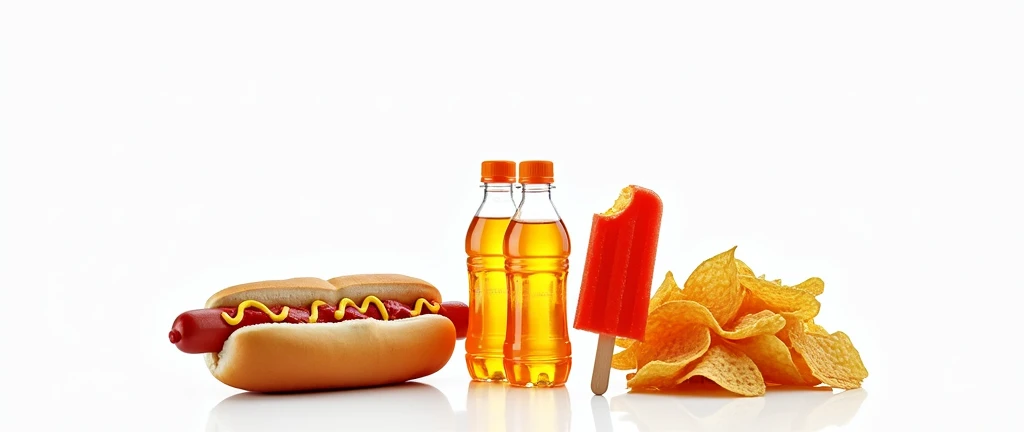 A photorealistic shot of a food stand’s counter, featuring small plastic bottles of orange soda, placed front and center, with a partially eaten popsicle, a hot dog with ketchup and mustard, and a serving of nacho chips beside them. The image captures the vibrant colors and textures of the food and drink items.