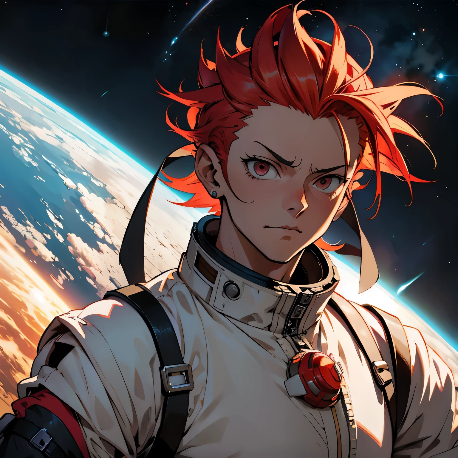 Senku inspirado no anime Dr. Stone in space without a helmet and with bright red hair.