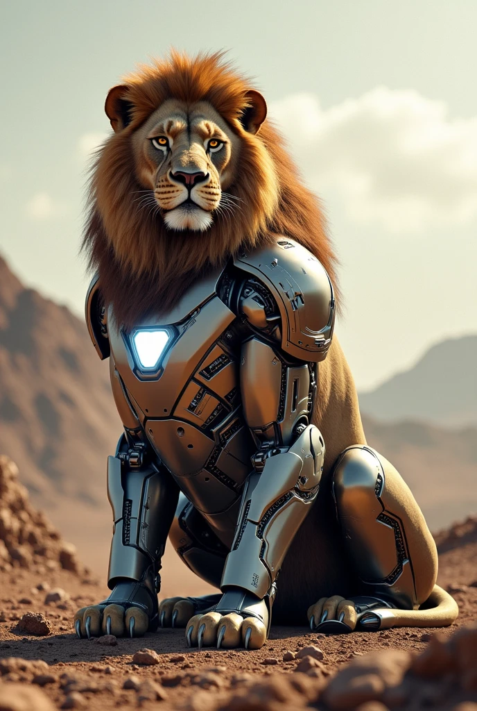 A lion sitting in the ground with iron man suit