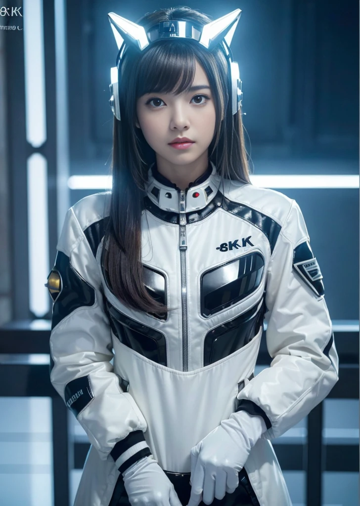 Browsing Caution,((Highest quality、In 8K、masterpiece:1.3))Wearing a silver-white mechanism,A girl with a beautiful face,Best image quality,Ultra Clear,The facial features are delicate and well defined,Armageddon,Exquisite detail,(Clatter toes)、Machine Pattern,cyber punk、Cyber City、Digital、century、Tron、(Whole Body Ezbian)