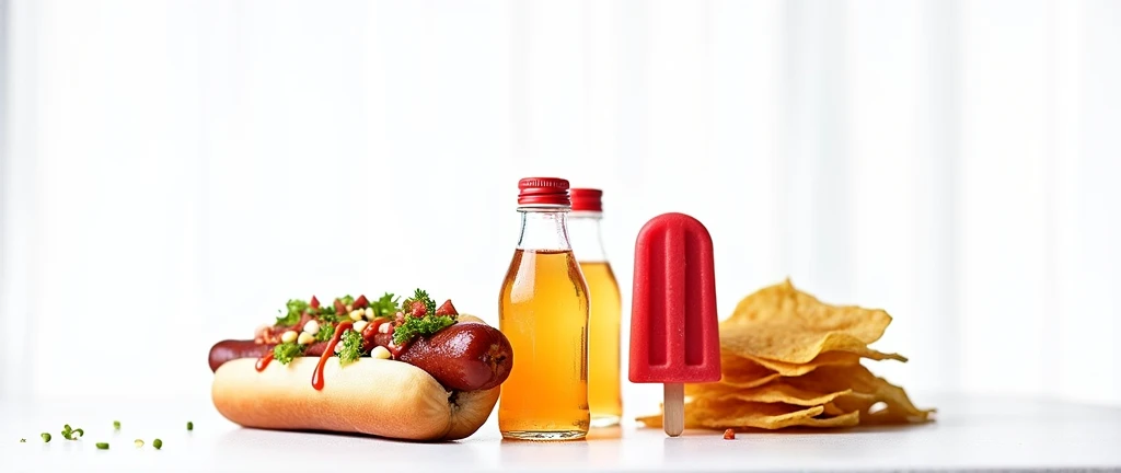 A dynamic photo of a food stand at a fair, with a close-up of the counter displaying small plastic bottles of orange soda, a bright red popsicle, a hot dog with toppings, and a stack of nacho chips. The small bottles are the focus, with the other items arranged to complement them, creating a fresh and appetizing scene.