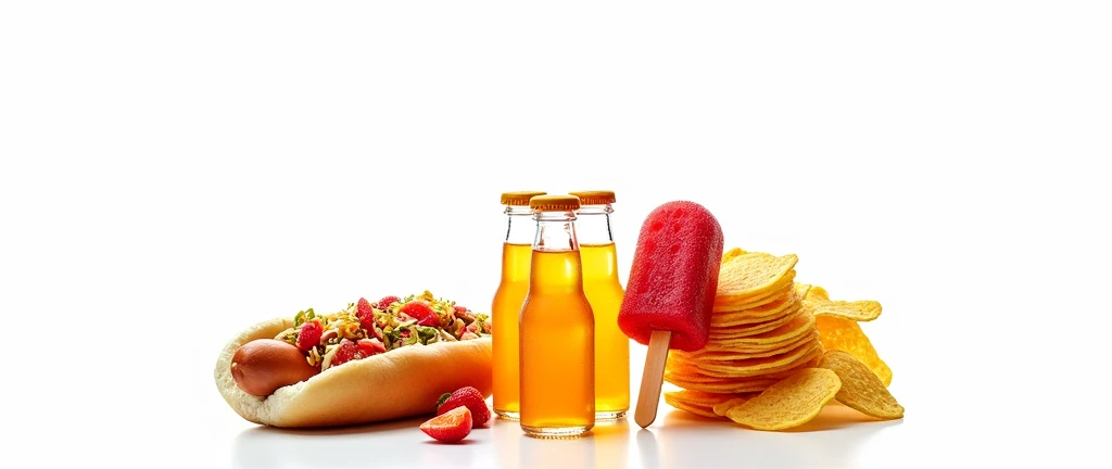 A dynamic photo of a food stand at a fair, with a close-up of the counter displaying small plastic bottles of orange soda, a bright red popsicle, a hot dog with toppings, and a stack of nacho chips. The small bottles are the focus, with the other items arranged to complement them, creating a fresh and appetizing scene.