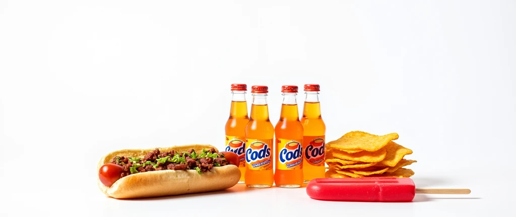 A dynamic photo of a food stand at a fair, with a close-up of the counter displaying small plastic bottles of orange soda, a bright red popsicle, a hot dog with toppings, and a stack of nacho chips. The small bottles are the focus, with the other items arranged to complement them, creating a fresh and appetizing scene.