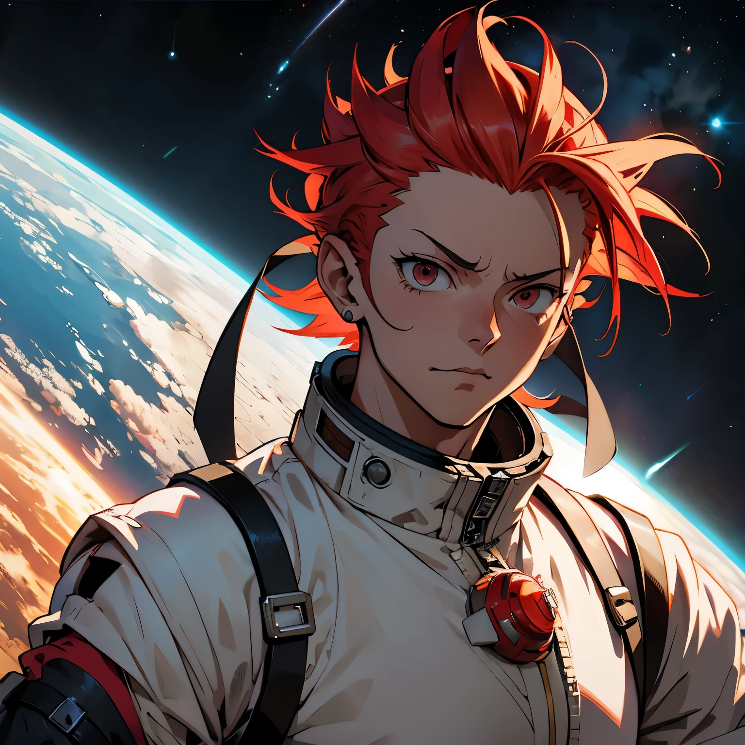 Senku inspirado no anime Dr. Stone in space without a helmet and with bright red hair.