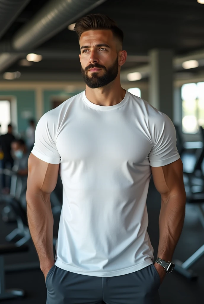 Semi-muscle man at the gym wearing a white round neck polo shirt, Please, the polo shirt should not have a shirt collar.