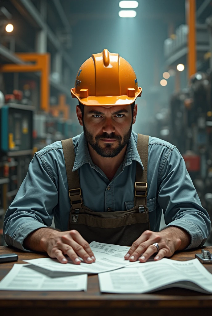 The electrical engineer in the factory is sitting behind the desk in work clothes and a helmet, he is seriously working with papers and bills