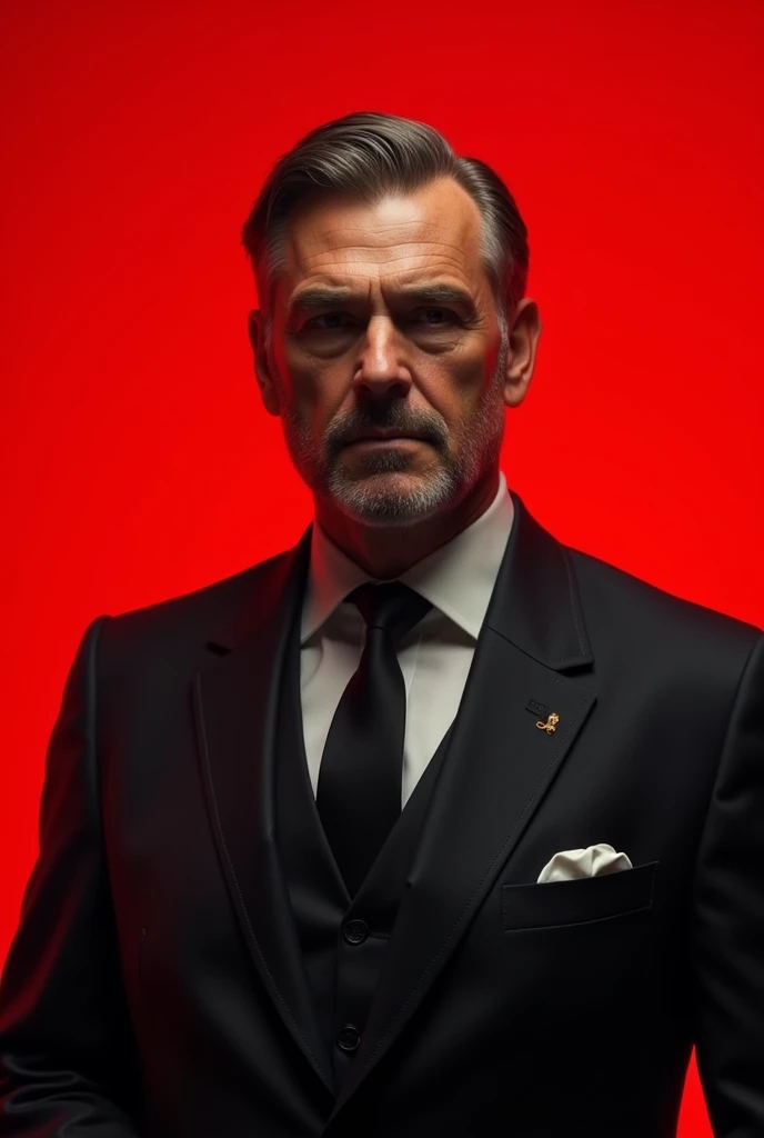 a mafia man ,age:47, with suit,red wall behind him,kind face