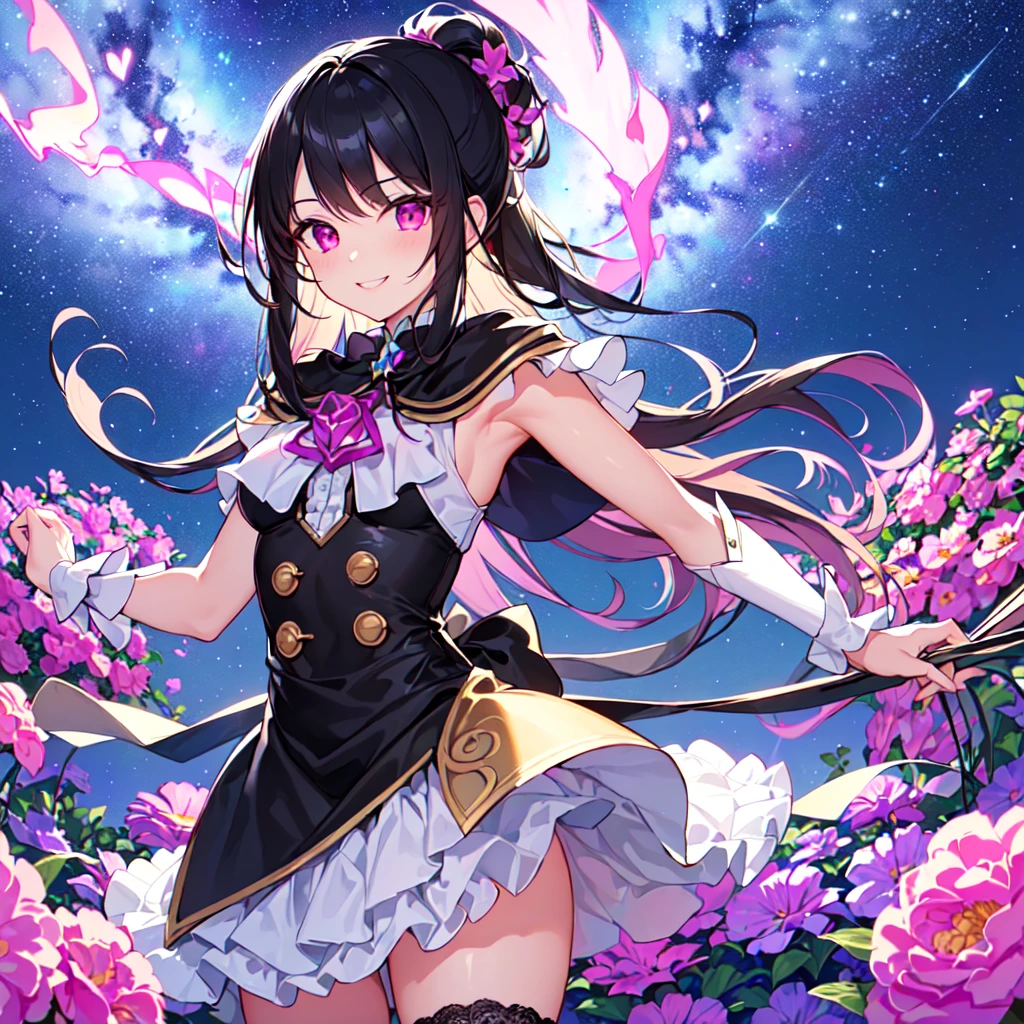 masterpiece, best quality, high quality, extremely detailed, very delicate and beautiful, (1female 1 adult solo:1.5), (long black hair up two sides:1.5), bangs to eyebrows, eyes sharp and bright (eye color: magenta:1.3), 6.5 head height, (Lace Frill Magical Girl Fashion with Starry Sky Print:1.3), (knee socks), (standing), (dynamic pose), (smiling), (Summer Garden:1.3), (Milky Way Night Sky:1.3), (upper body:1.3)