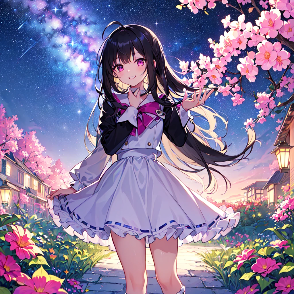 masterpiece, best quality, high quality, extremely detailed, very delicate and beautiful, (1female 1 adult solo:1.5), (long black hair up two sides:1.5), bangs to eyebrows, eyes sharp and bright (eye color: magenta:1.3), 6.5 head height, (Lace Frill Magical Girl Fashion with Starry Sky Print:1.3), (knee socks), (standing), (dynamic pose), (smiling), (Summer Garden:1.3), (Milky Way Night Sky:1.3), (upper body:1.3)