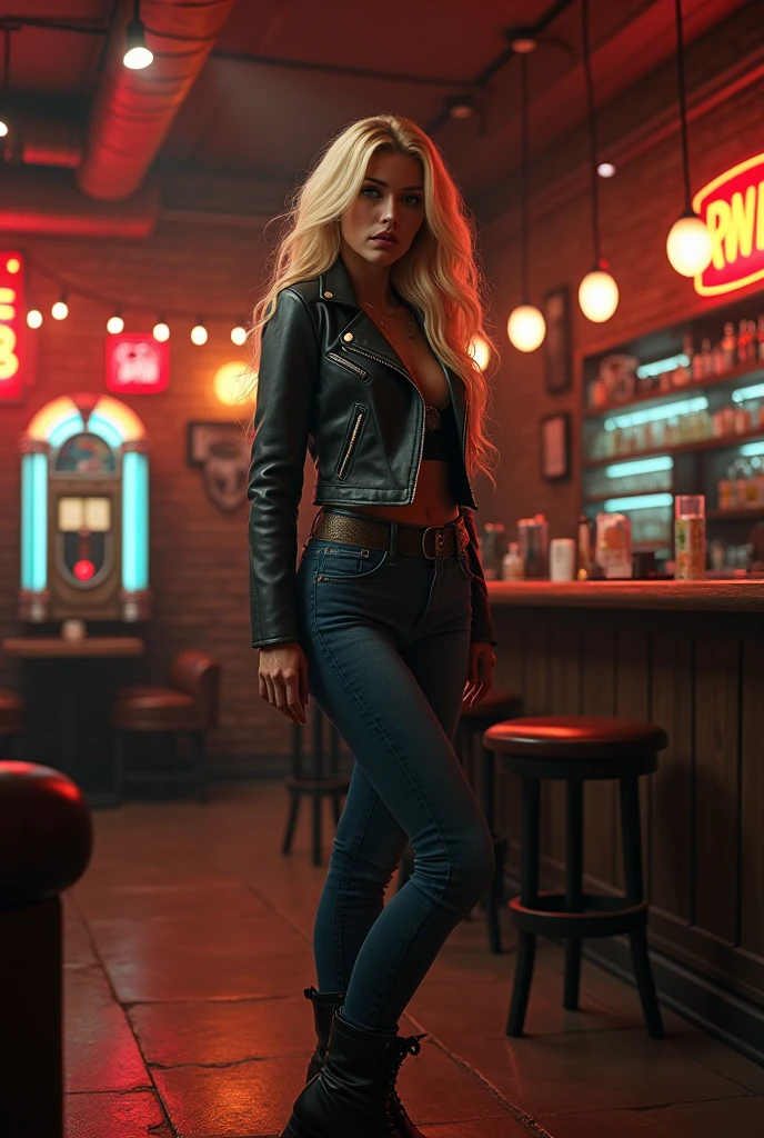 a blonde woman in a retro biker lounge