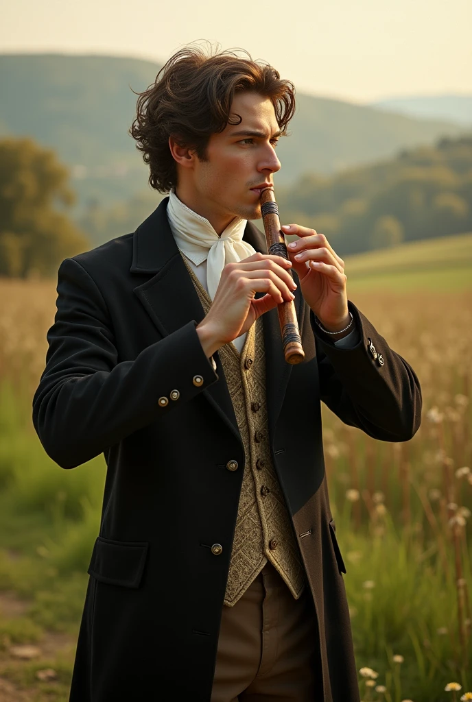 25-30 year old man plays the flute in the year 1800