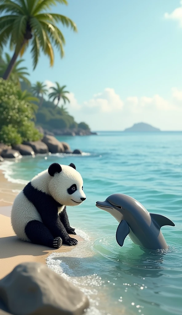 On the edge of ocean panda is sitting and meets a dolphin which is beautiful  and panda is playing with her

