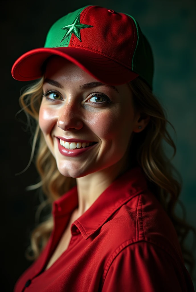 Fat blonde woman wearing a baseball cap with the flag of Morocco, (front focus)، (in the dark: 1.6)، صورة واقعية للغاية، ديفيد هوكني وألفونس موتشا، الفن الخيالي، ابتسامة ، صور واقعية، إضاءة ديناميكية، محطة فنية، ملصق، إضاءة حجمية، إضاءة جانبية، وجوه مفصلة للغاية، 4K، حائز على جوائز، امرأة واحدة in the dark، ظل عميق، مفتاح منخفض،