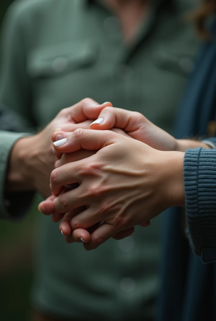 Close-up of hands together working as a team with distorted background in horizontal format