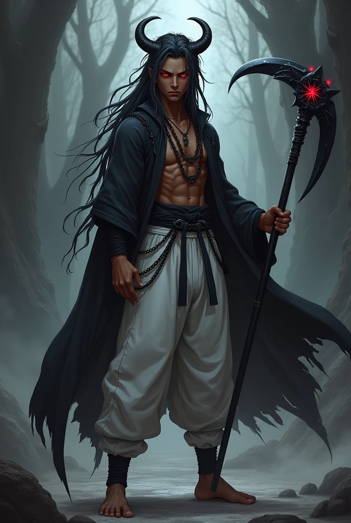 anime boy (dark fantasy) with black dreads, red eyes, brown skin, black horns and a black cloak and white martial arts pants with black chains around him as he holds a black scythe(full body)