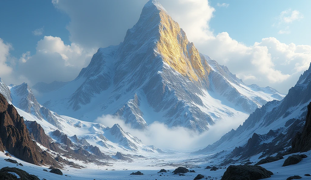 There is a high mountain,There are a lot of gold ores on one side,There are a lot of platinum ores on the other side.(best quality,4K,8k,High level,masterpiece:1.2),Ultra Detailed,(lifelike,Photo real,Photo real:1.37)