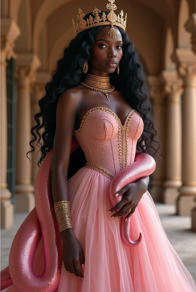 A realistic image of an African woman embodying African royalty. She has long, wavy hair cascading down her back, and is dressed in a light pink royal gown, designed with intricate details that highlight her noble status. She holds a traditional calabash in one hand, symbolizing her connection to cultural heritage. Wrapped around her is a shimmering pink snake, its scales glistening in the light, adding an element of mystique and power. The background is an opulent palace, with grand architectural features that enhance the sense of regality and elegance. The scene captures a blend of grace, strength, and cultural richness, creating a majestic and captivating atmosphere