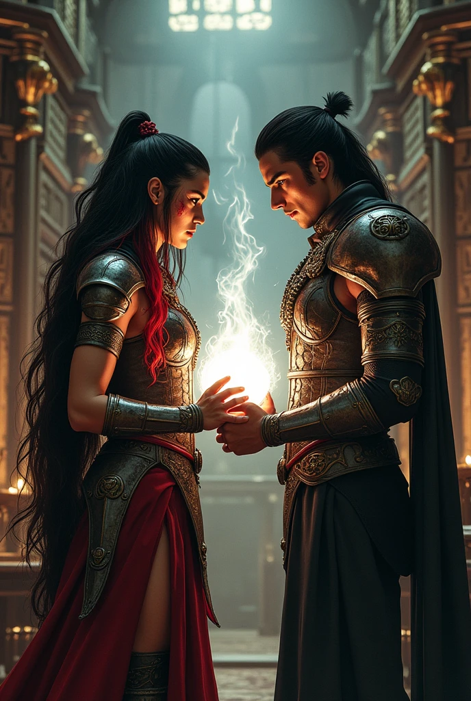 a beautiful woman with black hair and red locks, and she is wearing armor and is stained with many  blood in his armor and face, she is scaredis standing next to a war man, with caramel skin, a sharp chin and slightly long hair with green eyes, combining their medallions in white light in a library