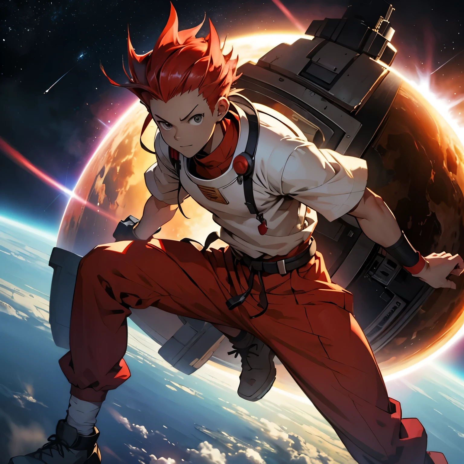 Senku inspirado no anime Dr. Stone in space without a helmet and with bright red hair.