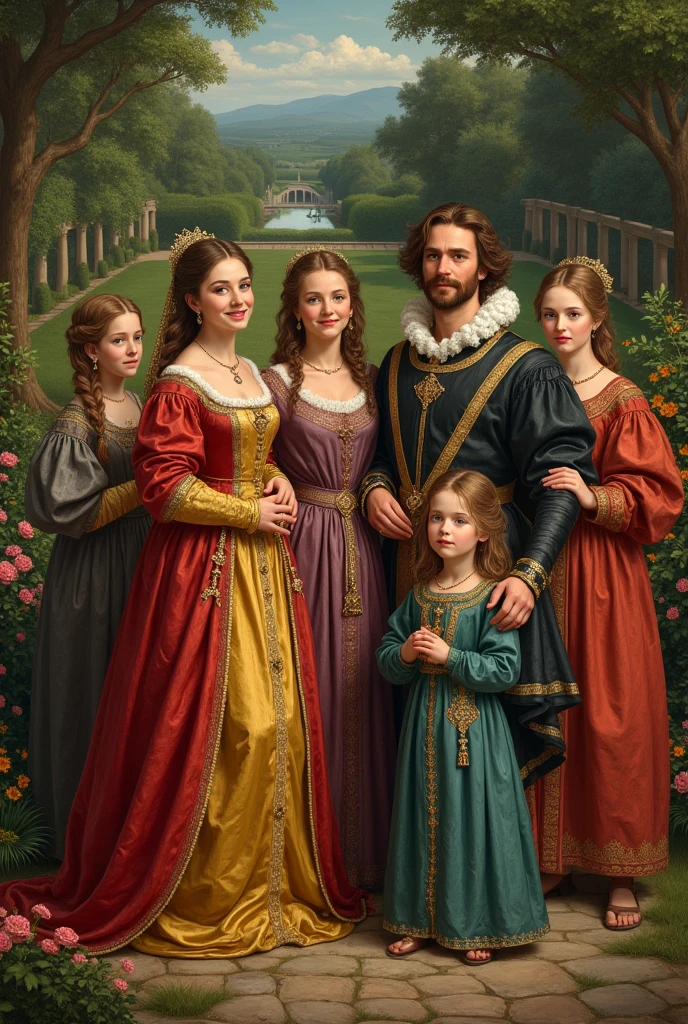 A large family of a brown-haired mother and father with their 4 adult daughters and a single adult son, a Renaissance-era baron in a happy garden 
