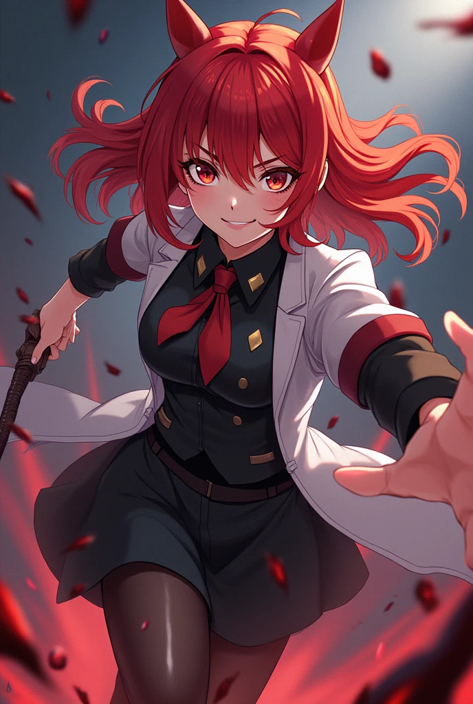 A character in Demon Slayer who is a brave and straightforward girl, Always ready to face the demons with a smile. He has a gift for seeing through lies., which makes you the strategist of the group. In hand-to-hand combat, His movements are fluid and precise., and you enjoy challenging your opponents with quick quips.He always supports his friends with sincerity and a touch of humor., turning the fight into a true dance of dreams, She is really beautiful and has beautiful crimson reddish hair.. The image has to be Demon Slayer type animation.