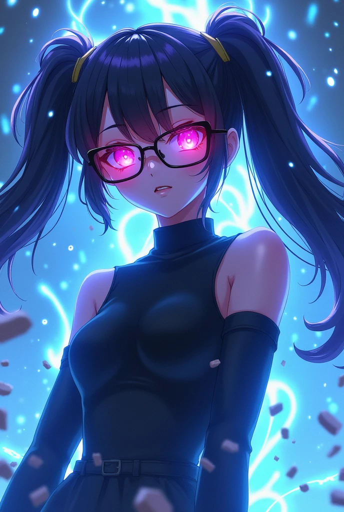 Draw an anime-style character。She has twin tails、wearing black clothes。Eyes glowing magenta、Wearing futuristic glasses。The character is surrounded by a blue aura of energy.、Glowing debris and energy particles floating around。The overall color tone、Dominated by intense blue and magenta、It creates a dramatic and energetic atmosphere.。The character is confident、She has a slightly mysterious look on her face.。Background、Make sure to highlight her power and energy。