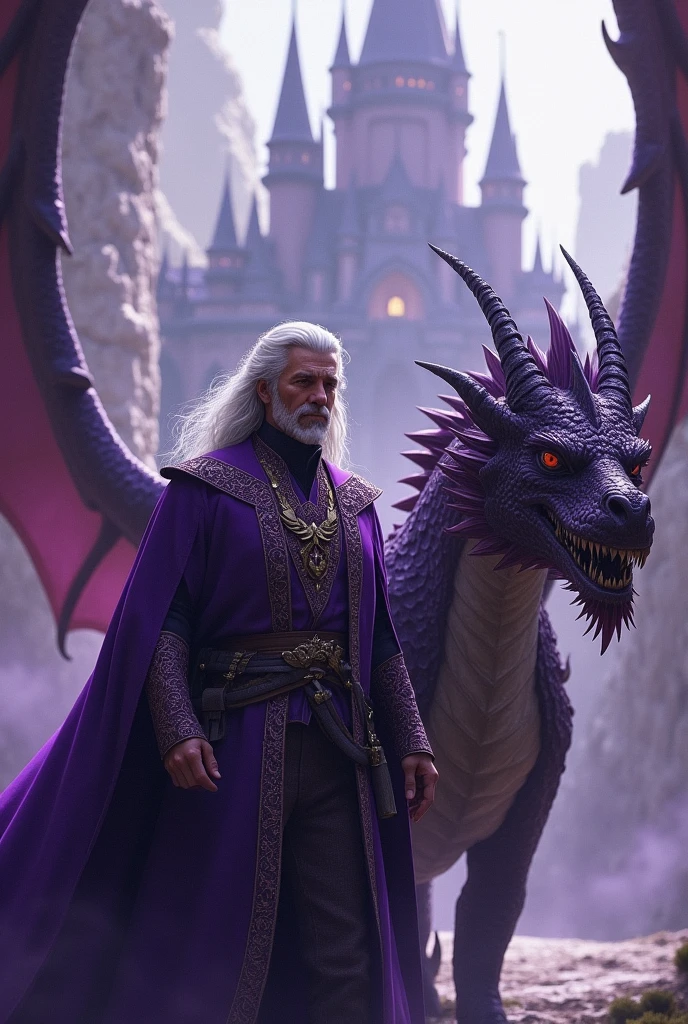 Man with long silver-white hair, in purple medieval clothes next to his huge and fierce purple dragon. In the background, a gigantic and majestic castle 