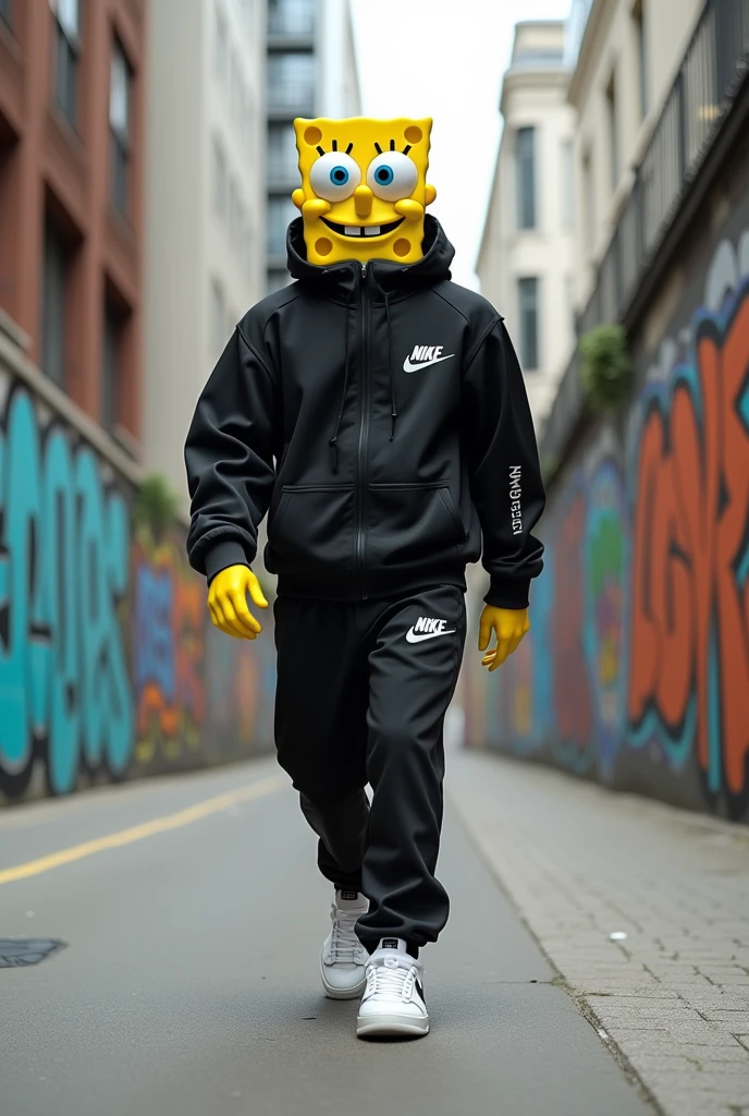 Imagine SpongeBob dressed in a very formal outfit: a black tracksuit jacket and pants with white details and the Nike logo on the chest and thigh.. It is on a modern urban street, with buildings and graffiti in the background. Spongebob is wearing Nike sneakers and has a relaxed and confident style as he walks down the sidewalk.