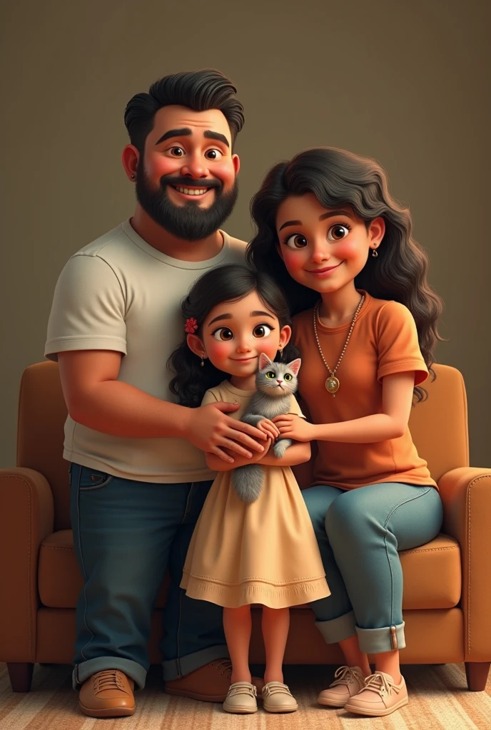 Create an image of a family of 4 people, 2 fathers and 2 girls, A 9-year-old girl and a 7-year-old girl and their 3 parents, The father is tall and chubby and the mother has cinnamon skin and medium height.; The 9-year-old girl looks like her father and the  looks like her mother. The mother&#39;s hair is wavy and has a Latin appearance. The father is beardless and Latin and the  girl is chubby and has a Roman cat.