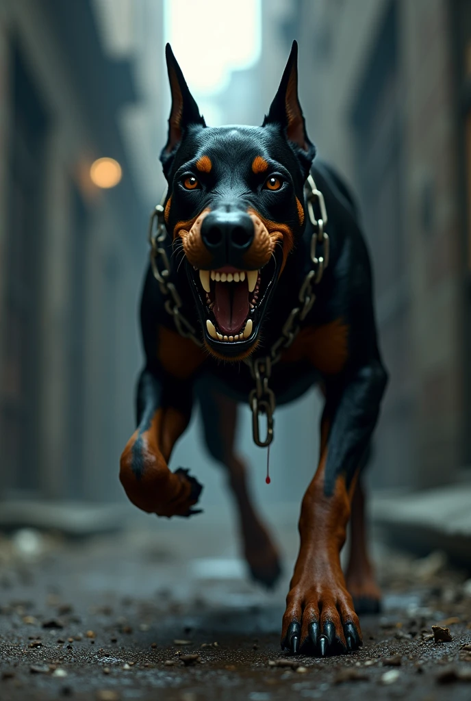 Angry Doberman dog attacks, Ultra detailed, with chains around his neck