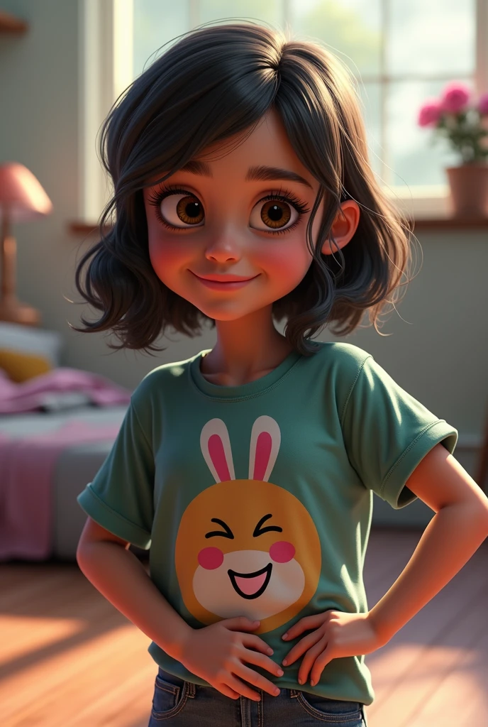 I want you to reproduce the identical copy of the image attached to the "image prompt" with the only difference that the girl's t-shirt will " CADA CALORIA CONTA" pixar version