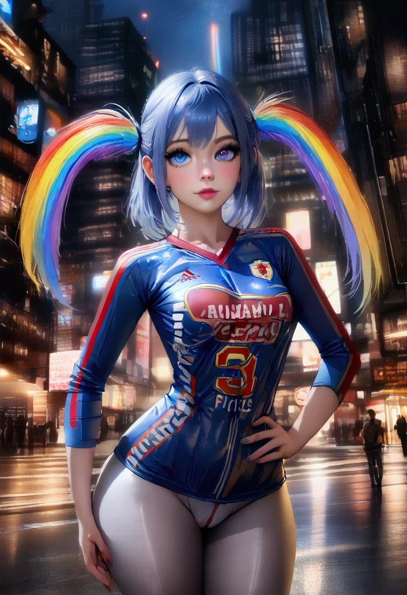 1 girl in, Yui, (NSFW), Cute 1 redhead girl with two tails, ((Perfect female body)) multiple (rainbow hair: 1.2), (Beautiful, Dark blue eyes: 1.6), (Photorealistic eyes: 1.6), glad, Ukrainian, (Small body), ((small hips)), white pale skin, (perfect tits), (cammel toe), Glossy oily pantyhose, One Piece Jersey, futuristic city backdrop, Gloomy multicolored lighting, Very dark sky, photos realistic, Dynamic lighting.