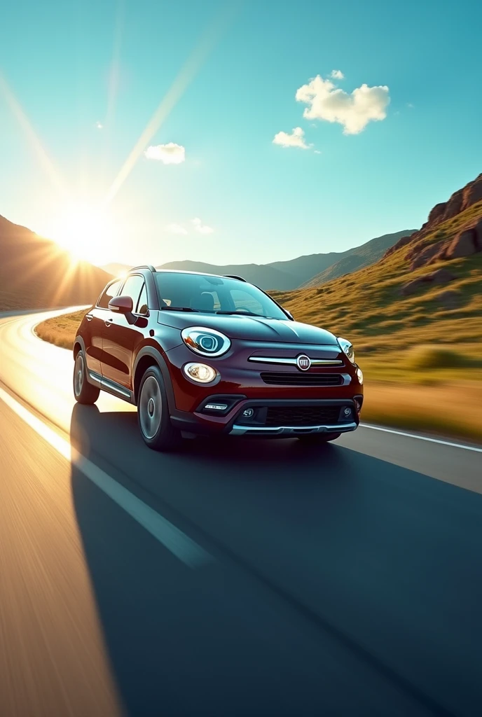 CREATE AN IMAGE OF A FIAT CAR ON A ROAD AT HIGH SPEED. THE IMAGE MUST BE IN THE FORMAT 851 pixels wide by 315 pixels high