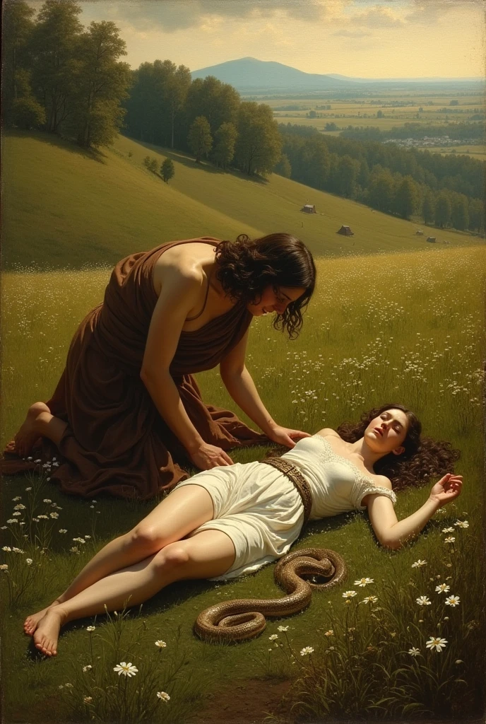 While walking through the fields, Eurydice was bitten by a snake and died

