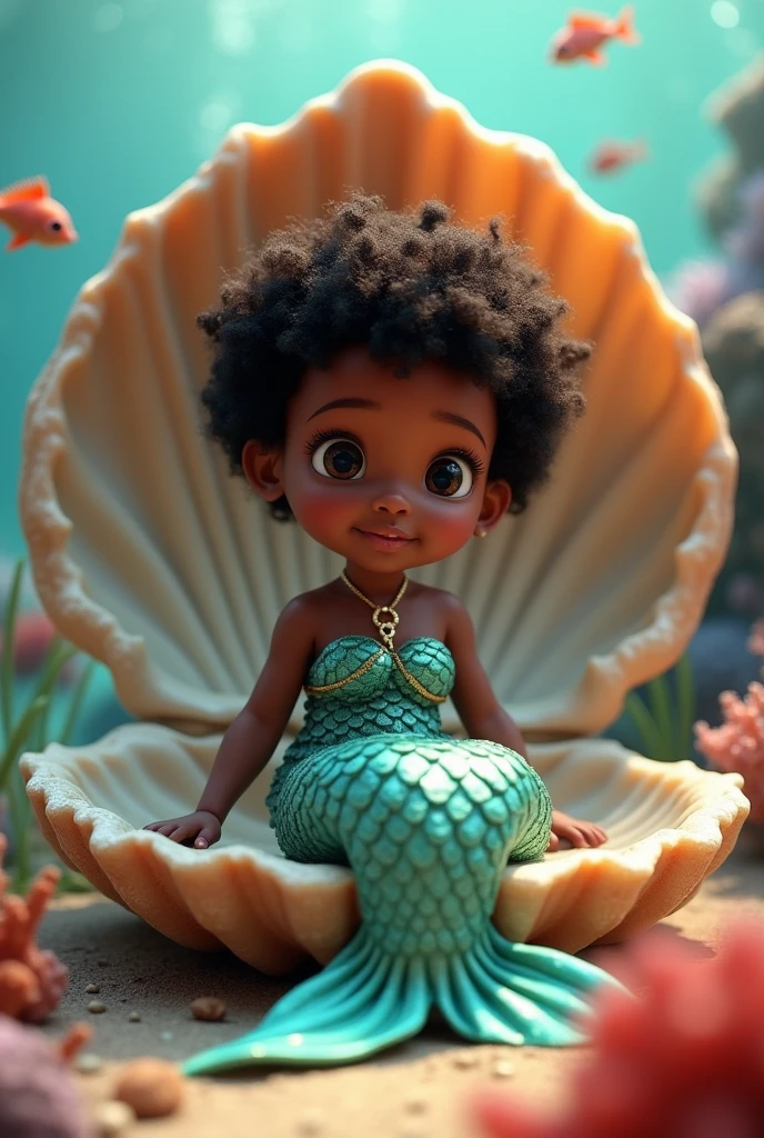  female gender two years old dark skin short curly hair eyes round dark big silos full mouth dressed as a mermaid inside a shell Pixar 3d