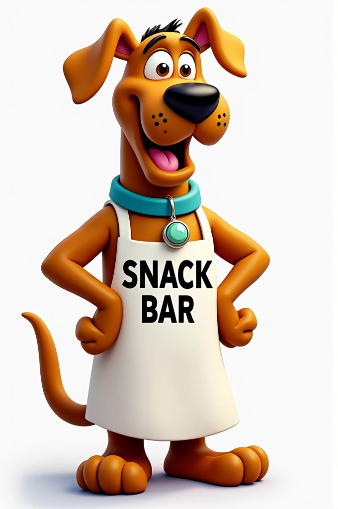 Scoob wearing an apron with the word “snack bar” written on it