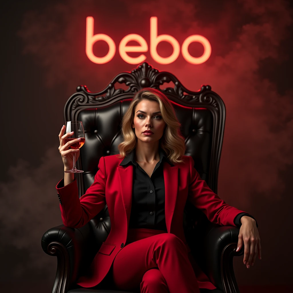 Create a realistic image where a woman wearing red luxury suit with black shirt and sitting on king size chair with crown 👑, she's holding a 🍷 wine glass in her hand, there is smoke in background a shadow. In background the name "Bebo" bold and glowing, showing in bold reflection in shadows