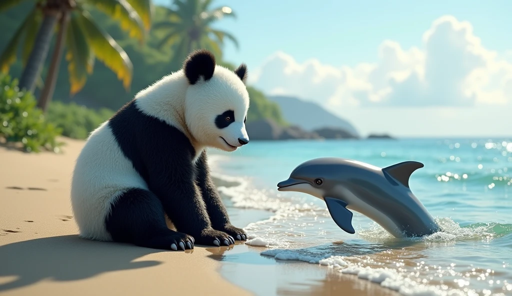 On the edge of ocean panda is sitting and meets a dolphin which is beautiful and panda is playing with her