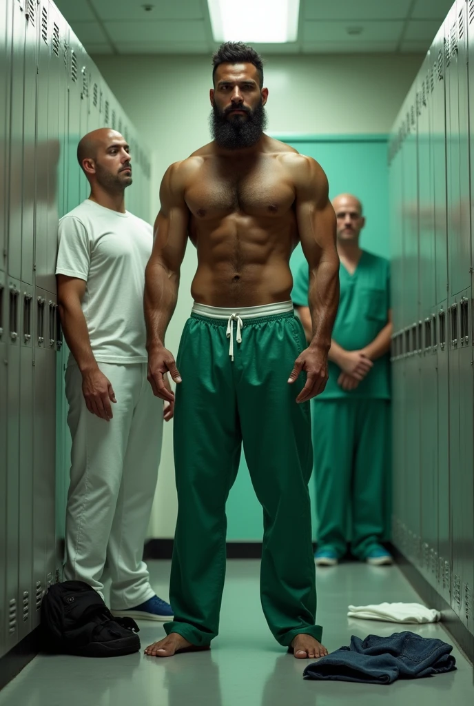 A handsome bearded hairy muscular Puerto Rican man in white underwear, wearing green surgical pants, with green green door, in a small locker room, with a young man in front, fatter, sobrepeso, calvo, standing discreetly watching him shirtless wearing long white pants and white shoes. Surrounded by gray cabinets. Black shirt and blue jeans on the floor. Man in green surgical suit in surgical center in background.